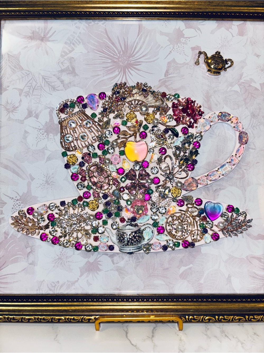 Gold & Crystal-Embellished Teacup Jewelry Art Picture - Multicolor - 12x12